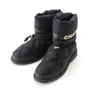 Chanel Shearling Nylon Logo Coco Mark Boa Snow Boots G35342 Black 38